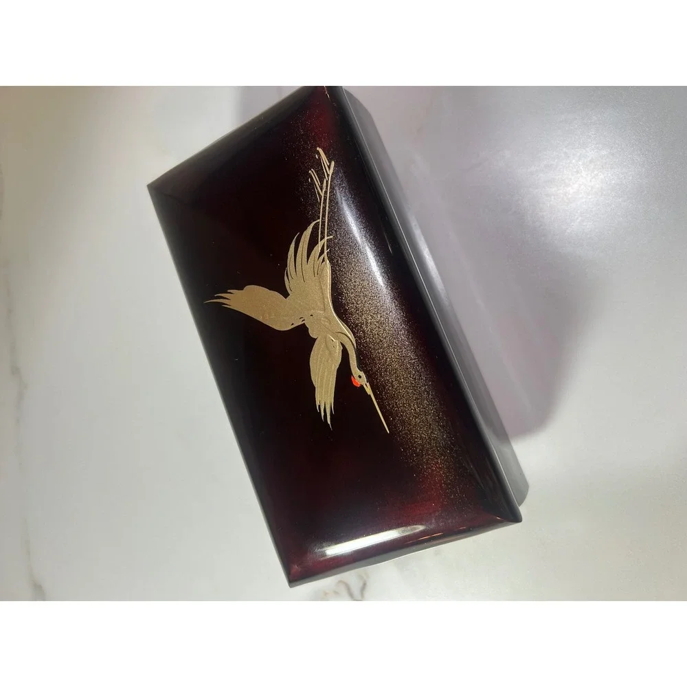 Vintage Japanese Lacquerware Music Jewelry Box Gold Crane Red Velvet Mirror
